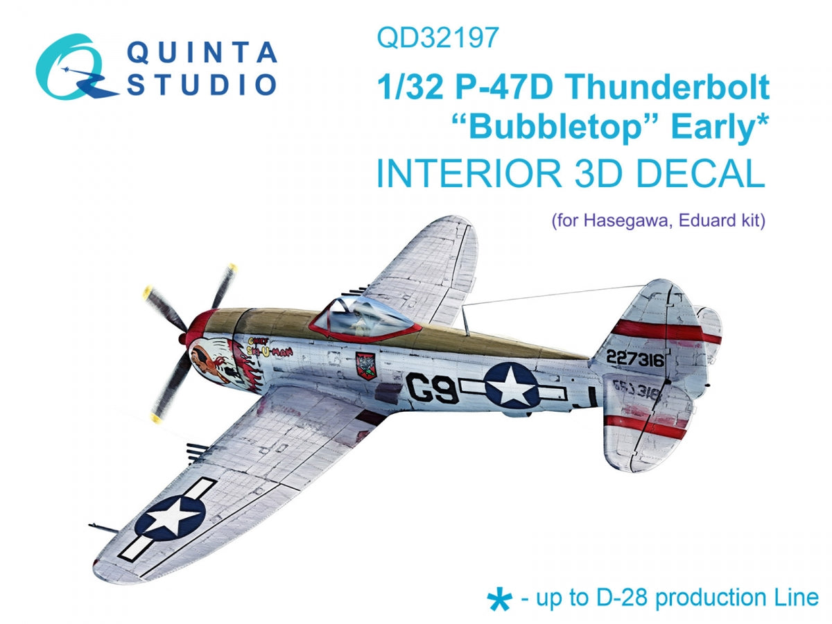 Quinta Studio QD32197 P-47D Thunderbolt Bubbletop Early 3D-Printed colored Interior on decal paper (Hasegawa) 1/32