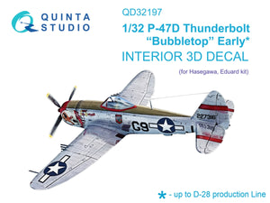 Quinta Studio QD32197 P-47D Thunderbolt Bubbletop Early, intérieur coloré imprimé en 3D sur papier décalcomanie (Hasegawa) 1/32