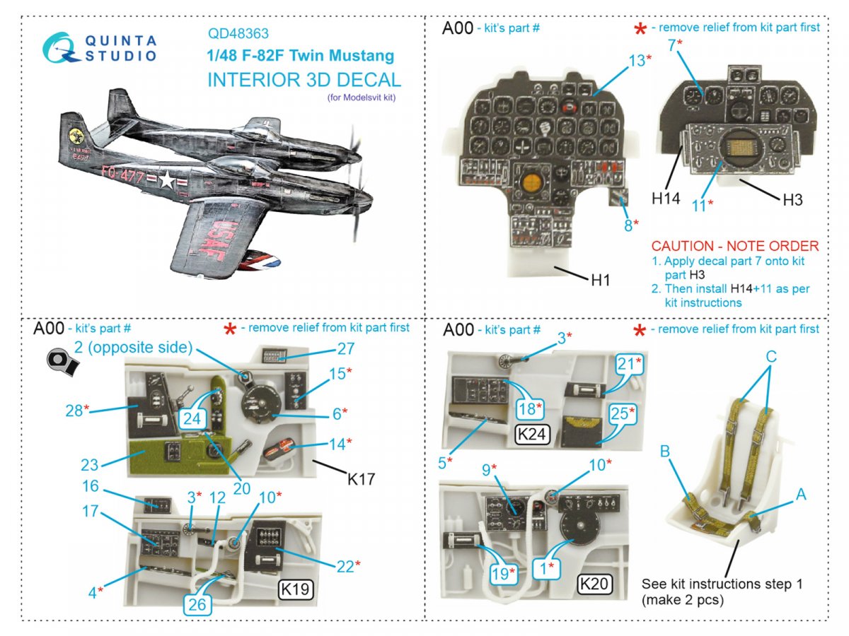 Intérieur imprimé en 3D et coloré sur papier décalcomanie Quinta Studio QD48363 F-82F Twin Mustang (Modelsvit) 1/48 – image 12