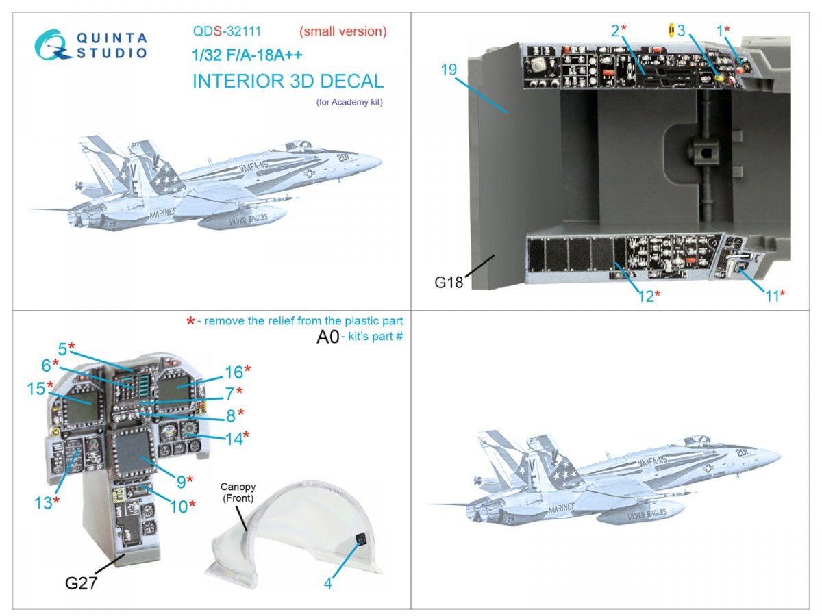 Quinta Studio QDS-32111 F/A-18A++ 3D-Printed &amp;amp; colored Interior on decal paper (Academy) (Small version) 1/32 – image 5