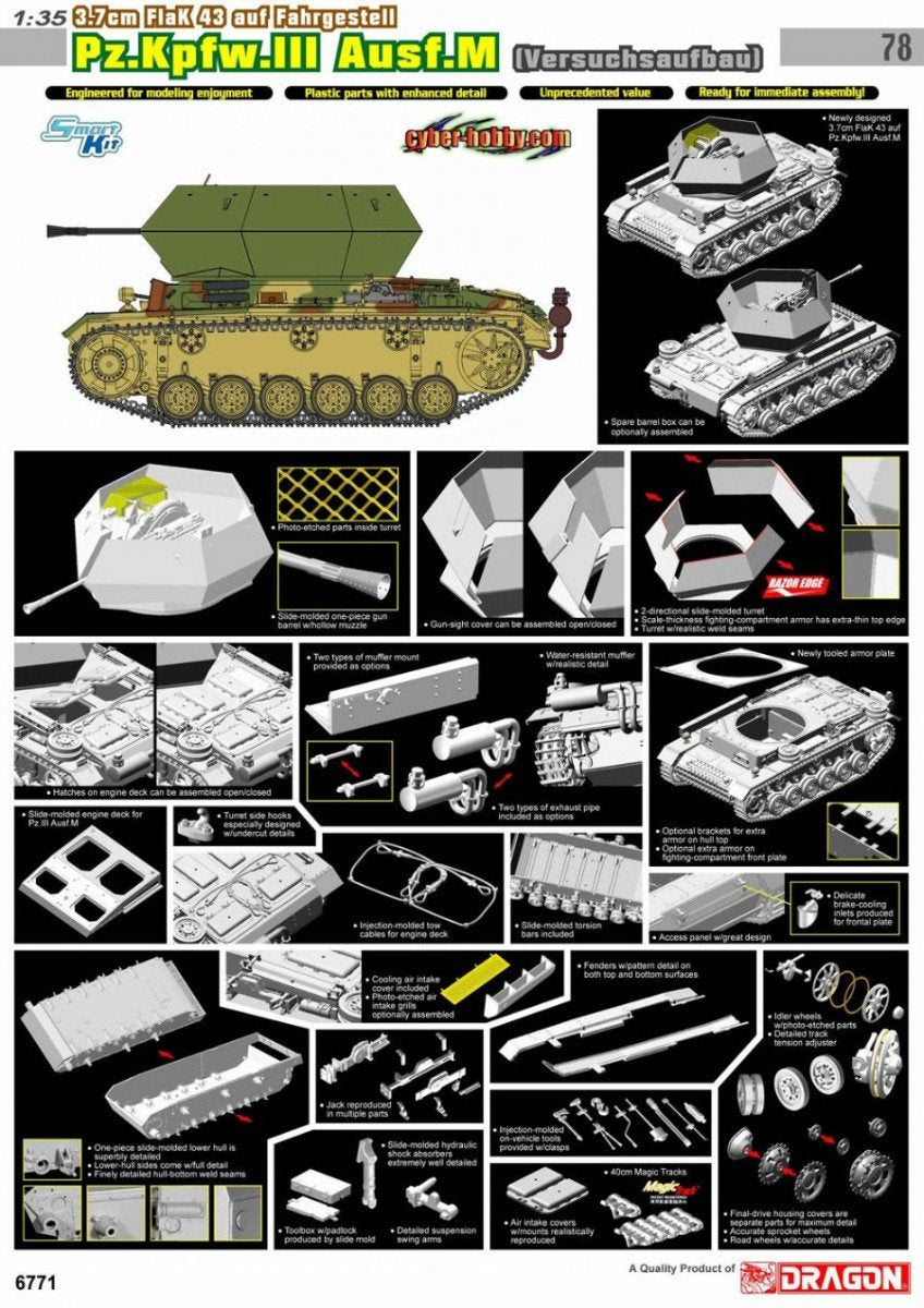 Cyber Hobby 6771 3.7cm FlaK 43 auf Fahrgestell, Pz.Kpfw.III Ausf.M (Versuchsaufbau) 1/35 – zdjęcie 3