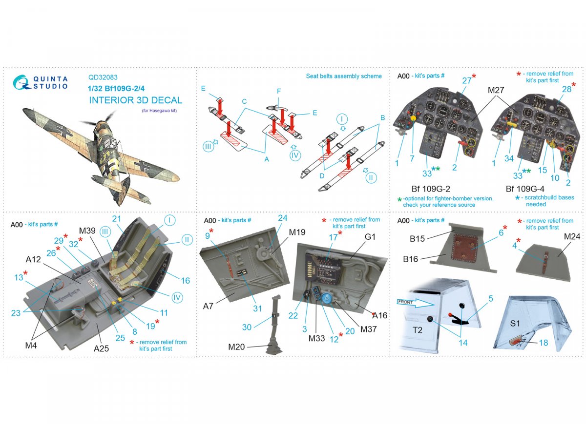 Quinta Studio QD32083 Bf 109G-2/G-4 3D-Printed &amp;amp; colored Interior on decal paper (Hasegawa) 1/32 – image 7