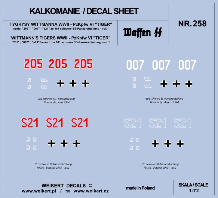 Weikert Decals DEC258 WITTMANN'S TIGERS - Char Pzkpfw VI TIGER - 101 schwere SS-Panzerabteilung - vol.1 1/72