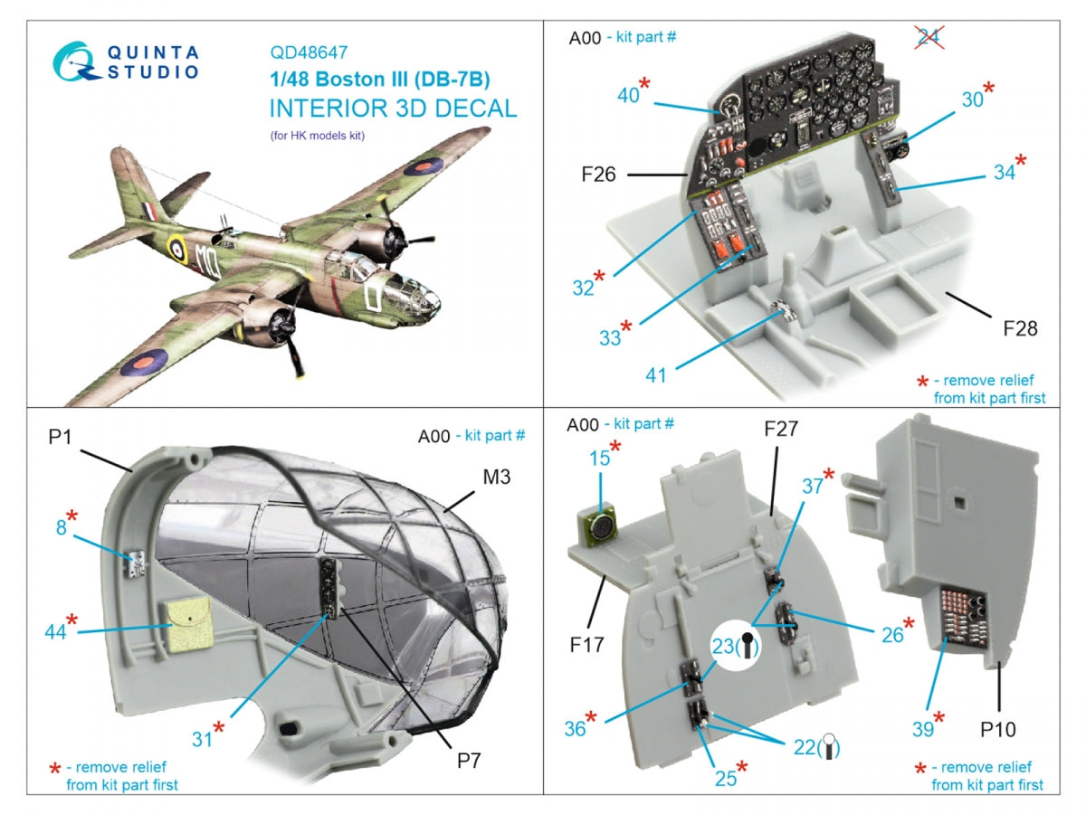 Quinta Studio QD48647 Boston III (DB-7B) 3D-Printed &amp; coloured Interior on decal paper (HK models) 1/48