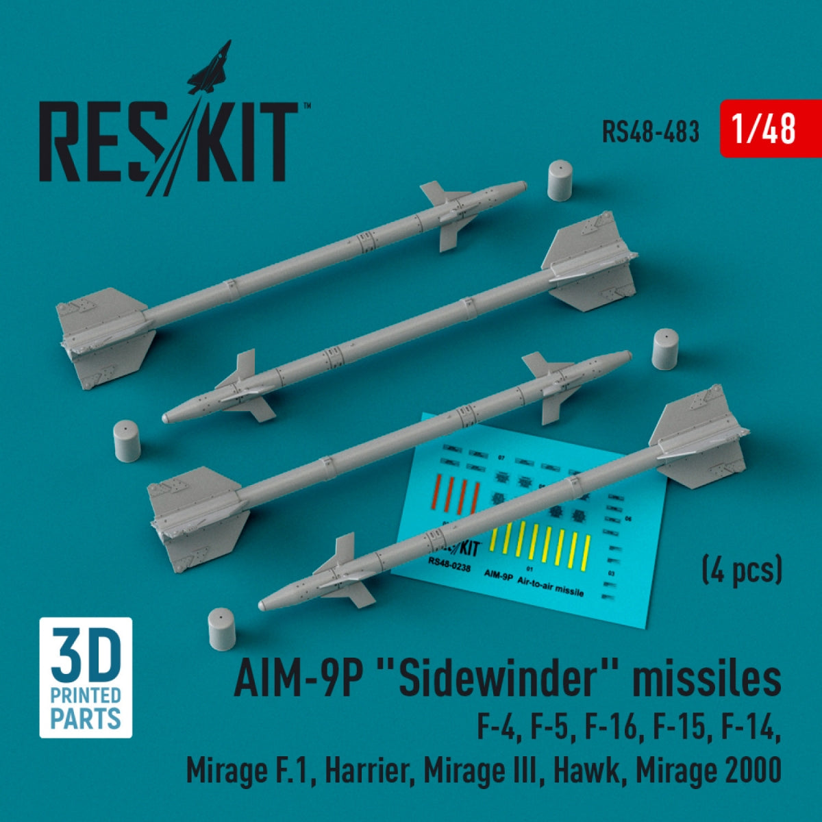 RESKIT RS48-0483 AIM-9P "Sidewinder" missiles (4 pcs) (3D Printed) 1/48