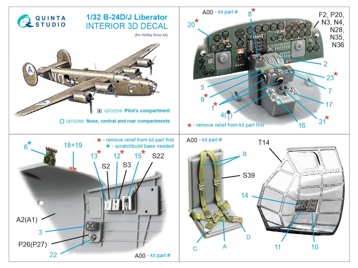 Quinta Studio QD32259 B-24D/B-24J Liberator, Pilot's compartment 3D-Printed & coloured Interior on decal paper (Hobby Boss) 1/32