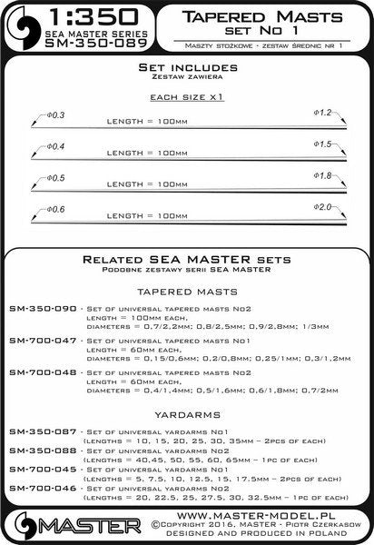 Master SM-350-089 Set of universal tapered masts No1 (length = 100mm each, diameters = 0,3/1,2mm; 0,4/1,5mm; 0,5/1,8mm; 0,6/2mm) 1/350 – zdjęcie 3