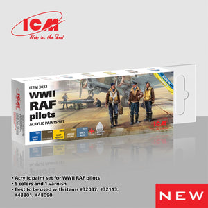 Coffret de peinture acrylique ICM 3033 pour pilotes de la RAF de la Seconde Guerre mondiale, 5 x 12 ml + vernis mat