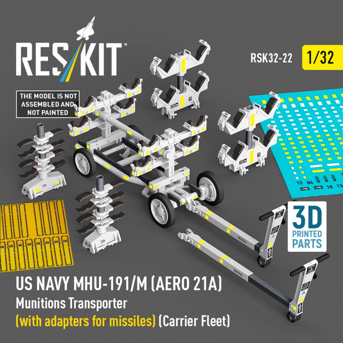 RESKIT RSK32-0022 US NAVY MHU-191/M (AERO 21A) Munitions Transporter (with adapters for bombs) (Carrier Fleet) (3D Printed model kit) 1/32 – zdjęcie 2