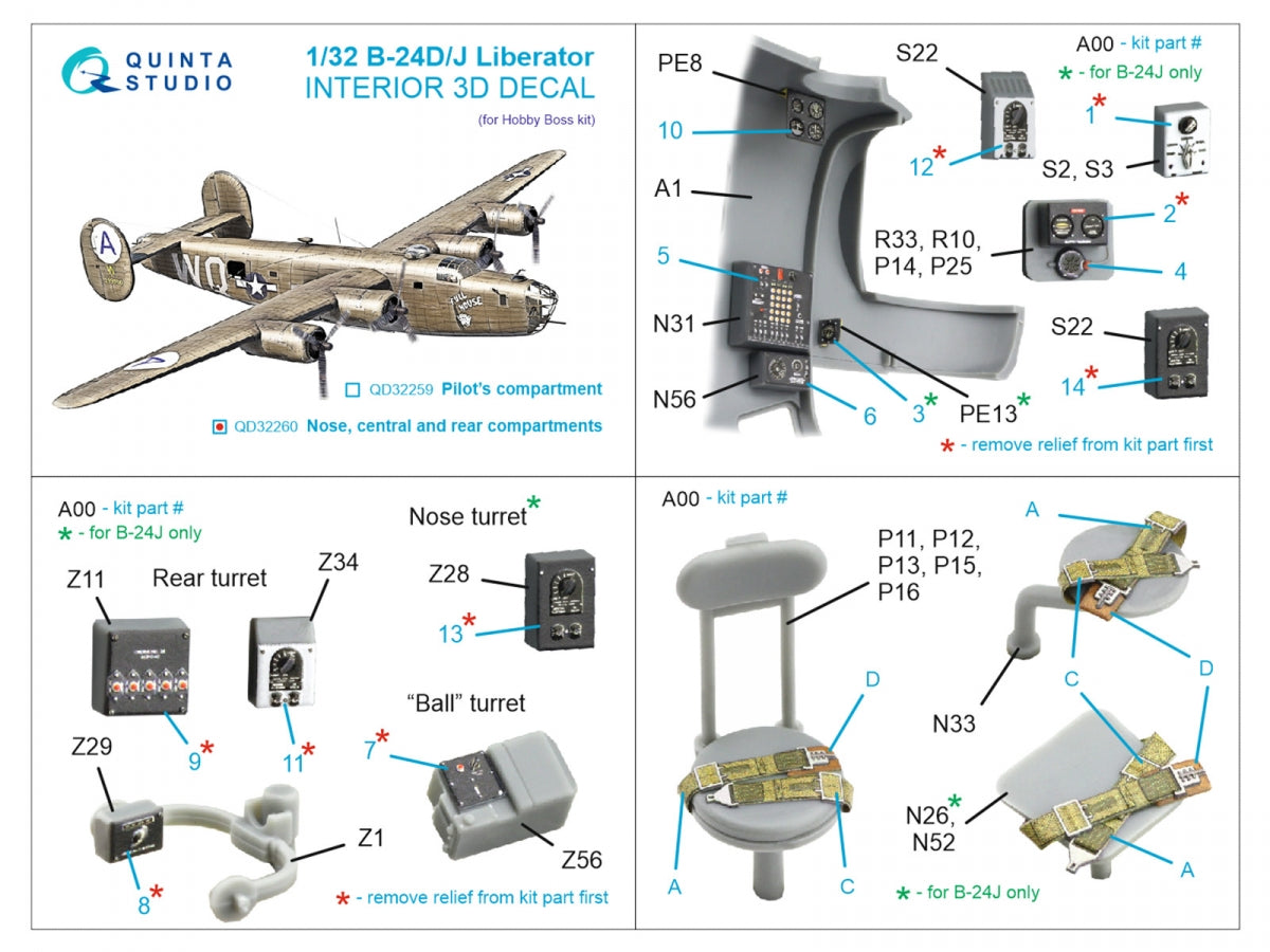 Quinta Studio QD32260 B-24D/B-24J Liberator, Nose, central and rear compartments 3D-Printed &amp; coloured Interior on decal paper (Hobby Boss) 1/32