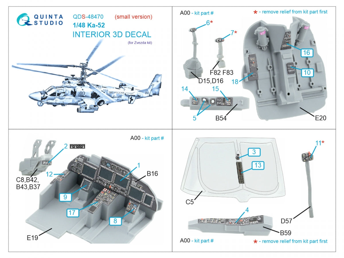 Quinta Studio QDS-48470 Ka-52 3D-Printed coloured Interior on decal paper (Zvezda) (Small version) 1/48 – zdjęcie 2