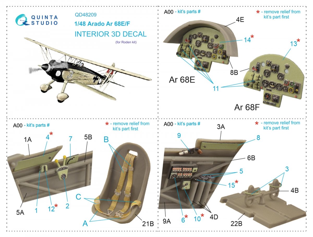 Quinta Studio QD48209 Arado Ar 68 E/F 3D-Printed &amp;amp; coloured Interior on decal paper (Roden) 1/48 – zdjęcie 10