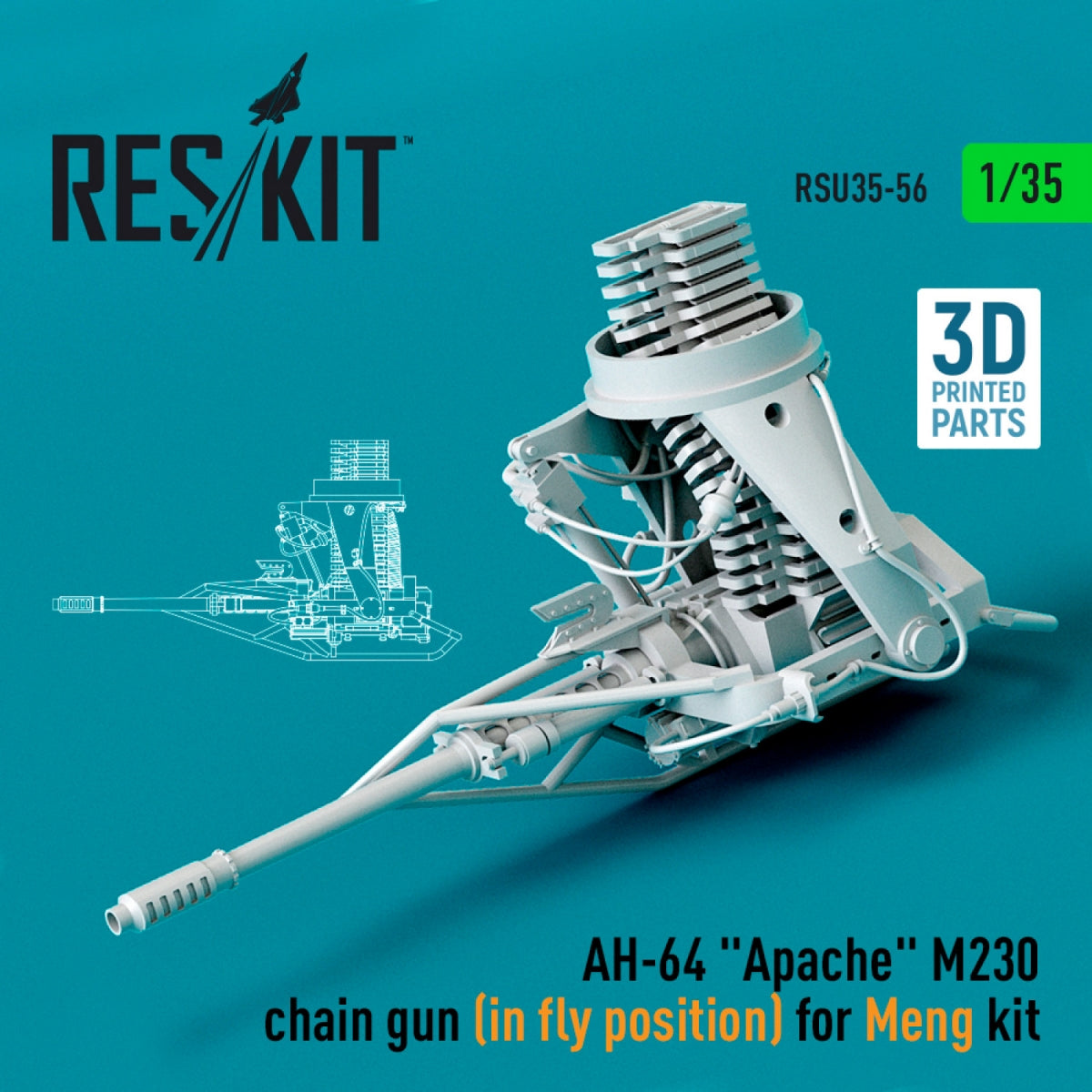 RESKIT RSU35-0056 AH-64 &amp;quot;APACHE&amp;quot; M230 CHAIN GUN (IN FLY POSITION) FOR MENG KIT (3D PRINTED) 1/35