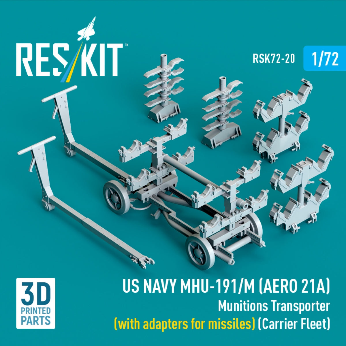 RESKIT RSK72-0020 US NAVY MHU-191/M (AERO 21A) Munitions Transporter (with adapters for missiles) (Carrier Fleet, C-130) (3D Printed model kit) 1/72 – zdjęcie 3