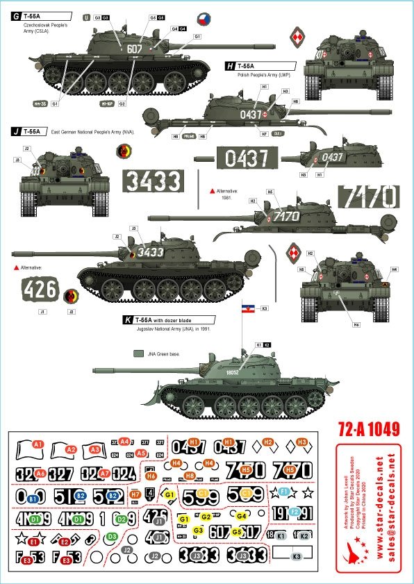 Star Decals 72-A1049 T-55A Cold War. Soviet (Army and Naval Infantry), Poland, Hungary, Jugoslavia, Czechoslovakia, Germany-DDR and Romania. 1/72 – zdjęcie 2