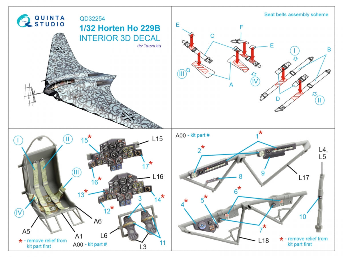 Quinta Studio QD32254 Horten Ho 229B 3D-Printed &amp;amp; colored Interior on decal paper (Takom) 1/32 – image 10