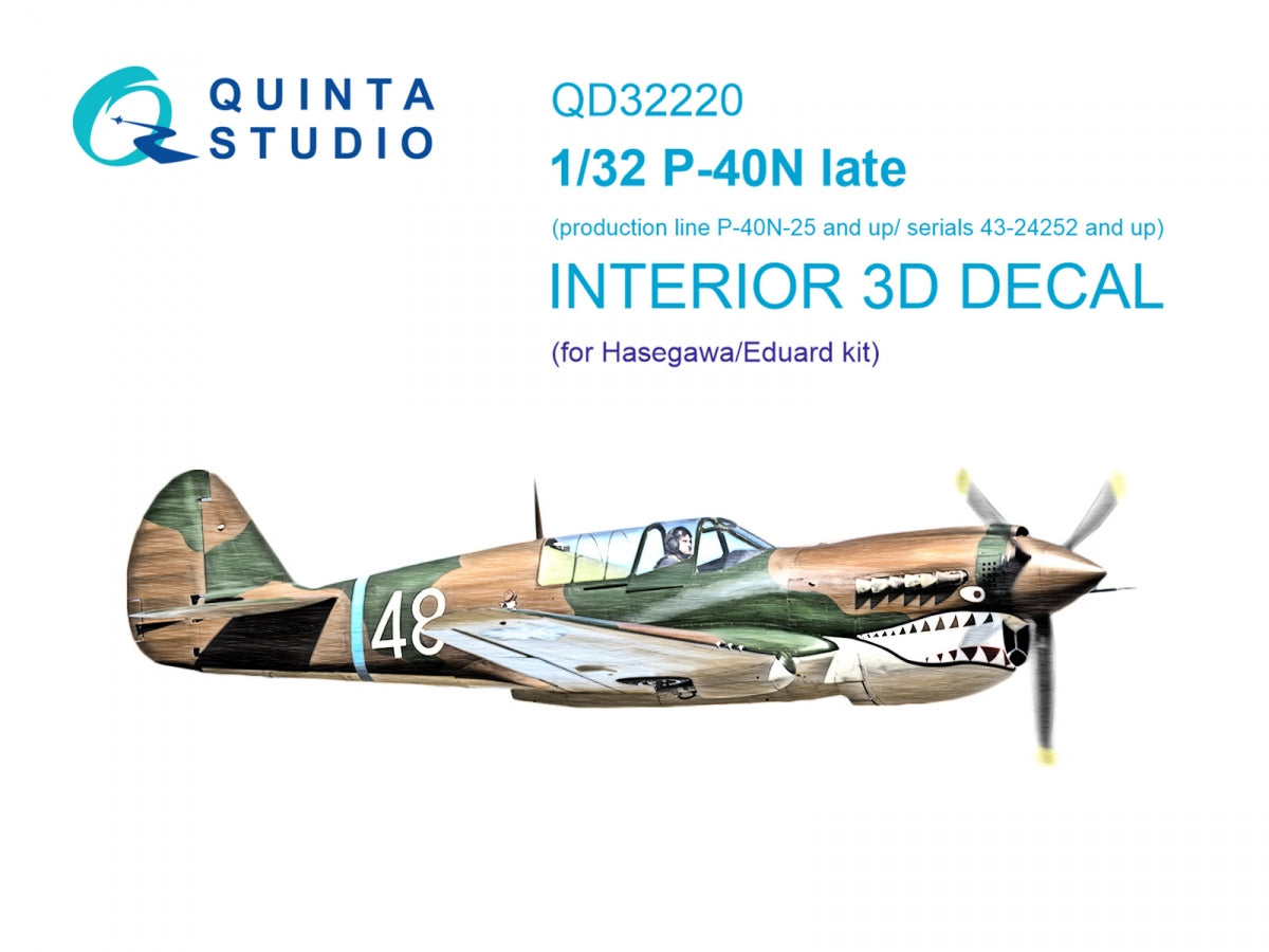 Quinta Studio QD32220 P-40N late 3D-Printed colored Interior on decal paper (Hasegawa/Eduard) 1/32