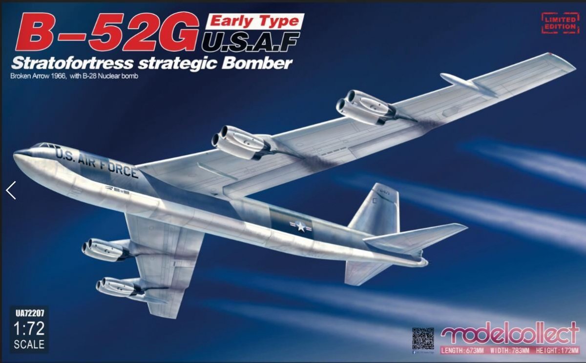 Modelcollect UA72207 B-52G early type U.S.A.F stratofortress strategic bomber Broken Arrow 1966, with B-28 Nuclear bomb 1/72