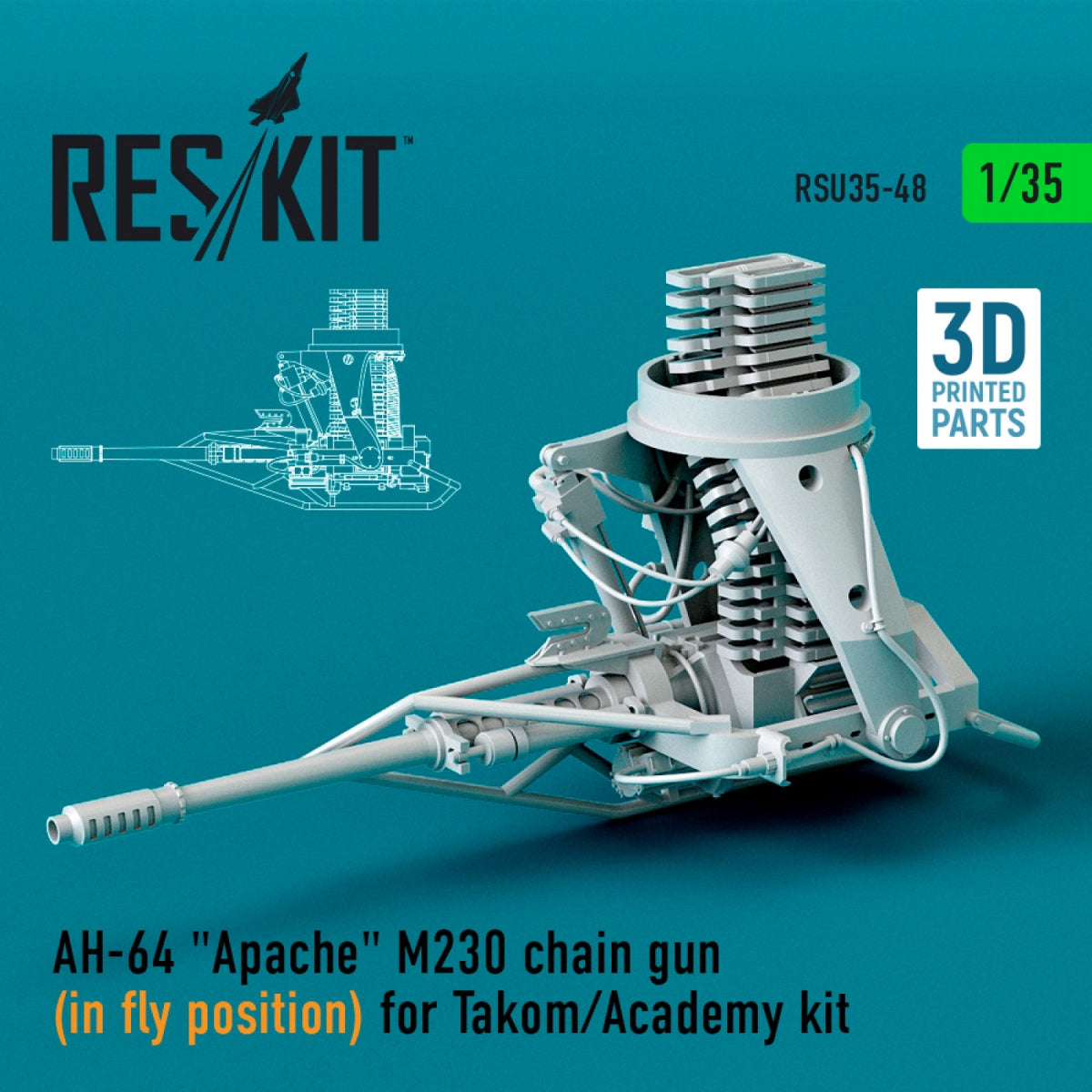 RESKIT RSU35-0048 AH-64 "APACHE" M230 CHAIN GUN (IN FLY POSITION) FOR TAKOM/ACADEMY KIT (3D PRINTED) 1/35