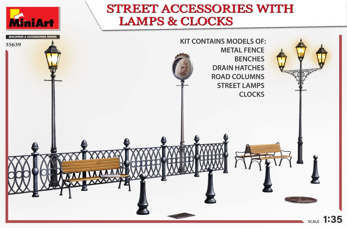 MiniArt 35639 STREET ACCESSORIES WITH LAMPS &amp;amp; CLOCKS 1/35 – zdjęcie 4