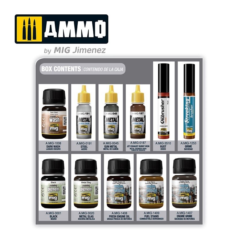AMMO of Mig Jimenez 7804 SUPER PACK. WEATHERING FOR ENGINES. EFECTOS PARA MOTORES – zdjęcie 2
