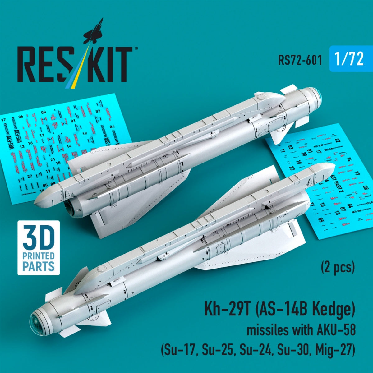 RESKIT RS72-0601 Kh-29T (AS-14B Kedge) missiles with AKU-58 (2 pcs) Su-17, Su-25,Su-24, Su-30, Mig-27 (3D Printed) 1/72