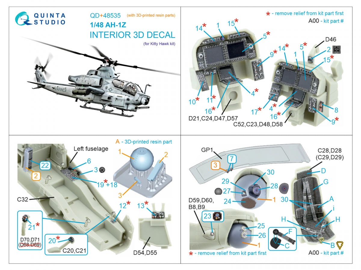 Quinta Studio QD+48535 AH-1Z Zulu Cobra/Viper 3D-Printed &amp;amp; coloured Interior on decal paper (KittyHawk) (with 3D-printed resin parts) 1/48 – zdjęcie 13
