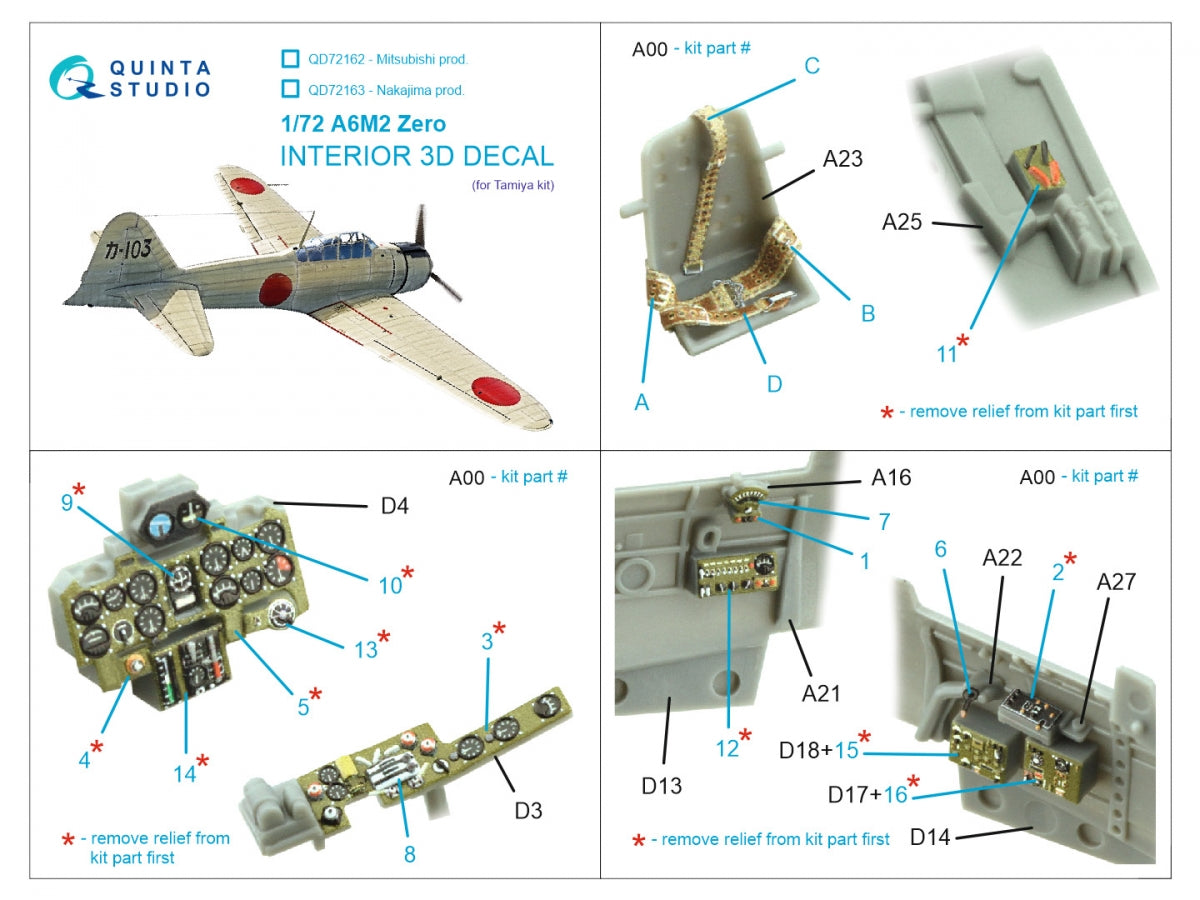 Quinta Studio QD72163 A6M2 Zero (Nakajima Prod.) 3D-Printed colored Interior on decal paper (Tamiya) 1/72 – image 10