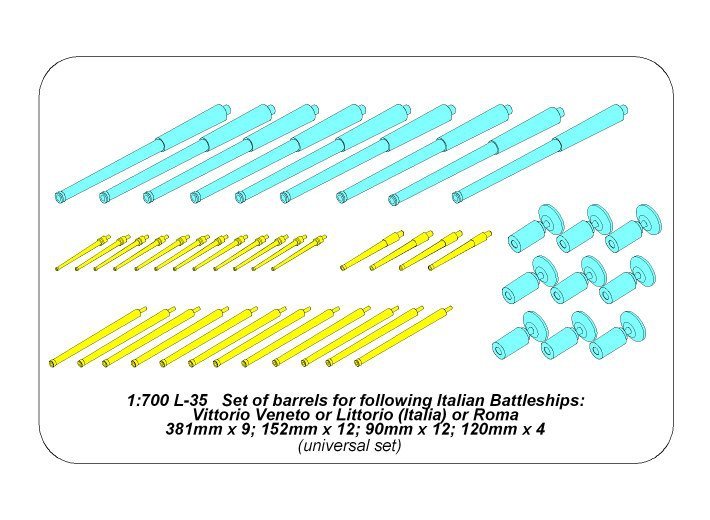 Aber 700 L-35 Set of barrels for Italian Battleship: RN Roma or Littorio or Vittorio Veneto 381mm x 9, 152mm x 12, 90mm x 12 1/700 – image 12