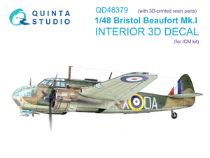 Quinta Studio QD+48379 Bristol Beaufort Mk.I 3D-Printed &amp;amp; coloured Interior on decal paper (ICM) (with 3D-printed resin parts) 1/48