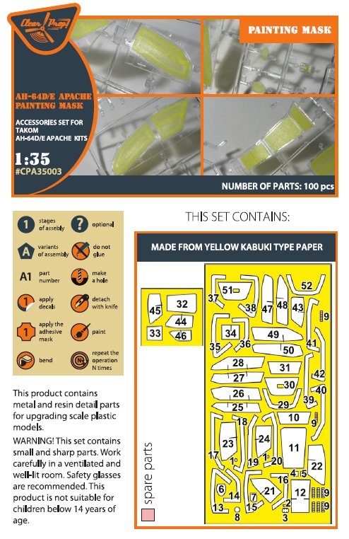 Clear Prop! CPA35003 Boeing AH-64 D/E Apache painting mask on yellow kabuki paper (for TAKOM kit) 1/35 – zdjęcie 2