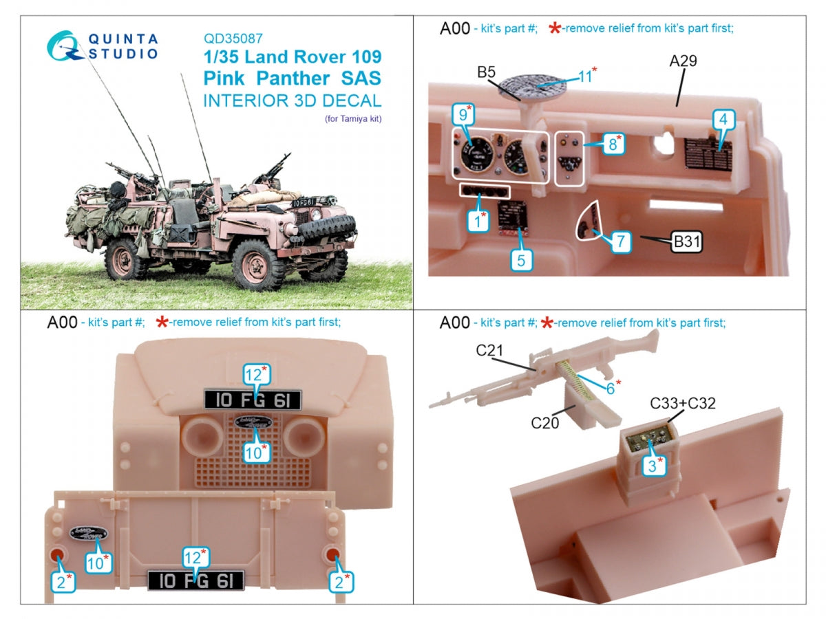 Quinta Studio QD35087 Land Rover 109 Pink Panther SAS 3D-Printed &amp;amp; coloured Interior on decal paper (Tamiya) 1/35 – zdjęcie 2