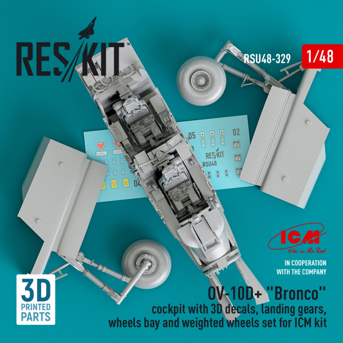 RESKIT RSU48-0329 OV-10D+ « BRONCO » COCKPIT AVEC DÉCALCOMANIES 3D, TRAIN D'ATTERRISSAGE, BAIE DE ROUE ET JEU DE ROUE LESTÉ POUR MAQUETTE ICM (IMPRIMÉ EN 3D) 1/48