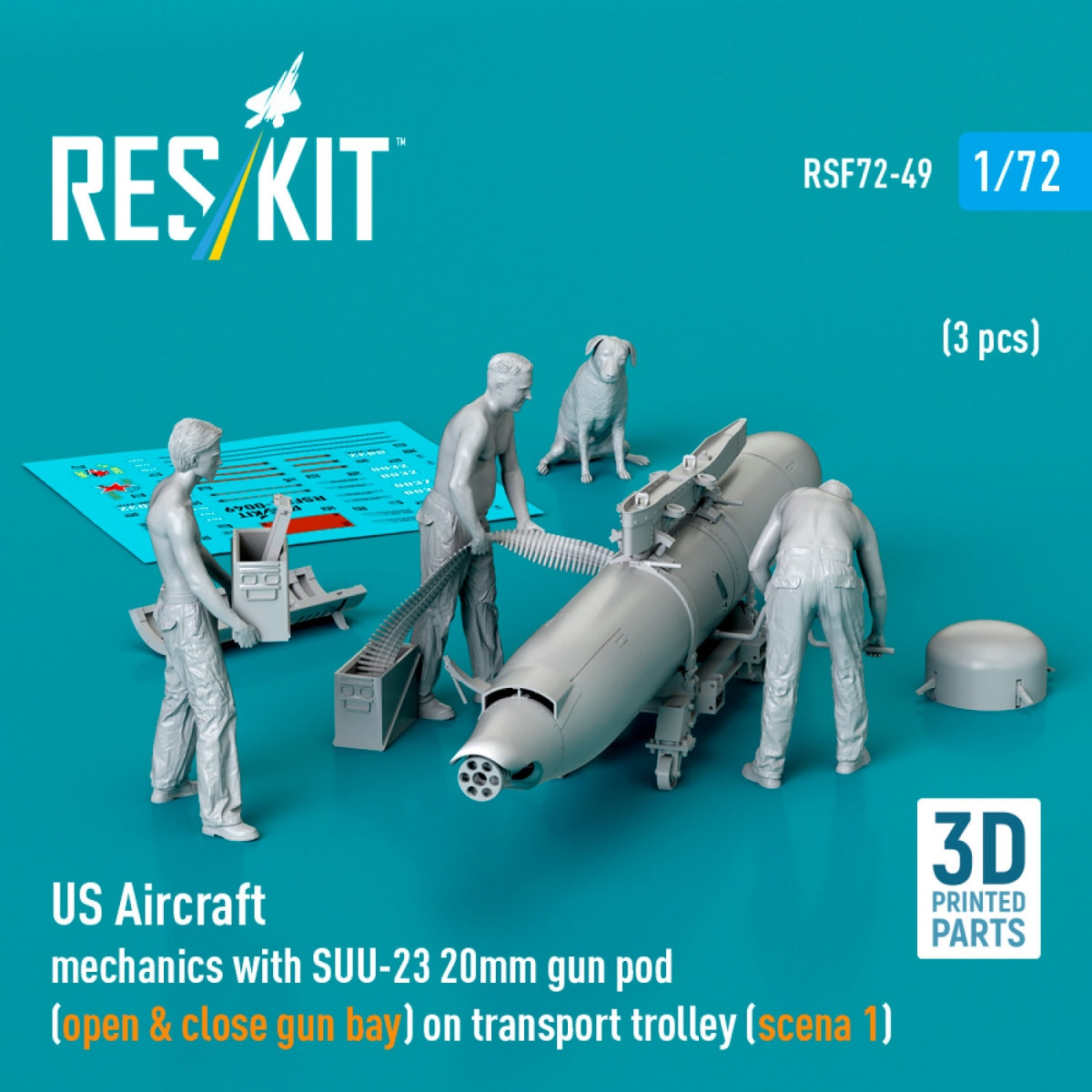 RESKIT RSF72-0049 US Aircraft mechanics with SUU-23 20mm gun pod (open &amp; close gun bay) on transport trolley (scene 1) (3 pcs) (3D Printed) 1/72