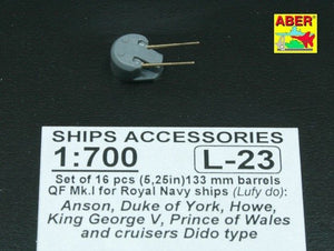 Aber 1/700L-23 Set of 16 pcs 133mm (5.25in) barrels QF Mk.1 for Royal Navy King George V class battleships cruisers Dido type 1/700 – image 2