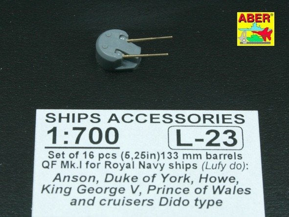 Aber 1/700L-23 Set of 16 pcs 133mm (5.25in) barrels QF Mk.1 for Royal Navy King George V class battleships cruisers Dido type 1/700 – image 2
