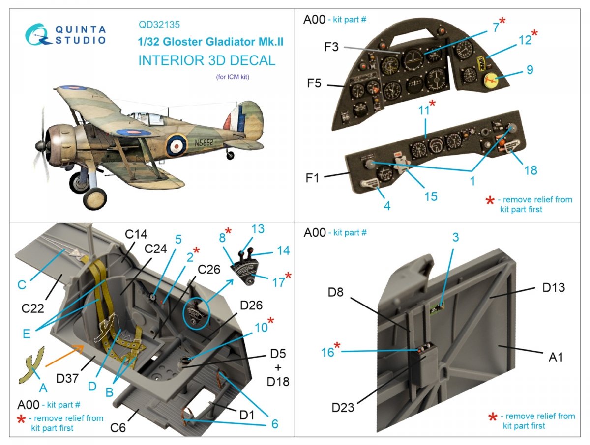 Quinta Studio QD32135 Gloster Gladiator Mk II 3D-Printed &amp;amp; coloured Interior on decal paper (ICM) 1/32 – zdjęcie 7