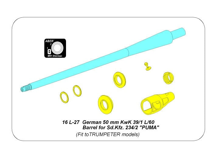 Aber 16L-27 German 5cm KwK 39/1 L/60 Barrel for Sd.Kfz.234/2 "PUMA" fit fo Trumpeter 1/16