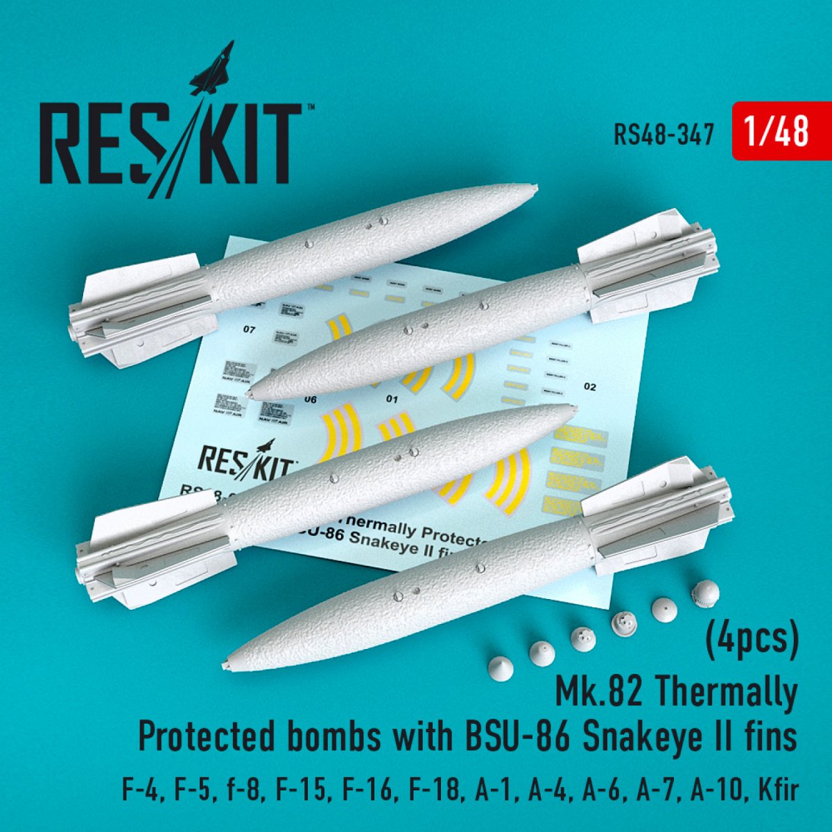 RESKIT RS48-0347 MK.82 BOMBES THERMIQUEMENT PROTÉGÉES AVEC AILERONS BSU-86 SNAKEYE II (4 PIÈCES) 1/48