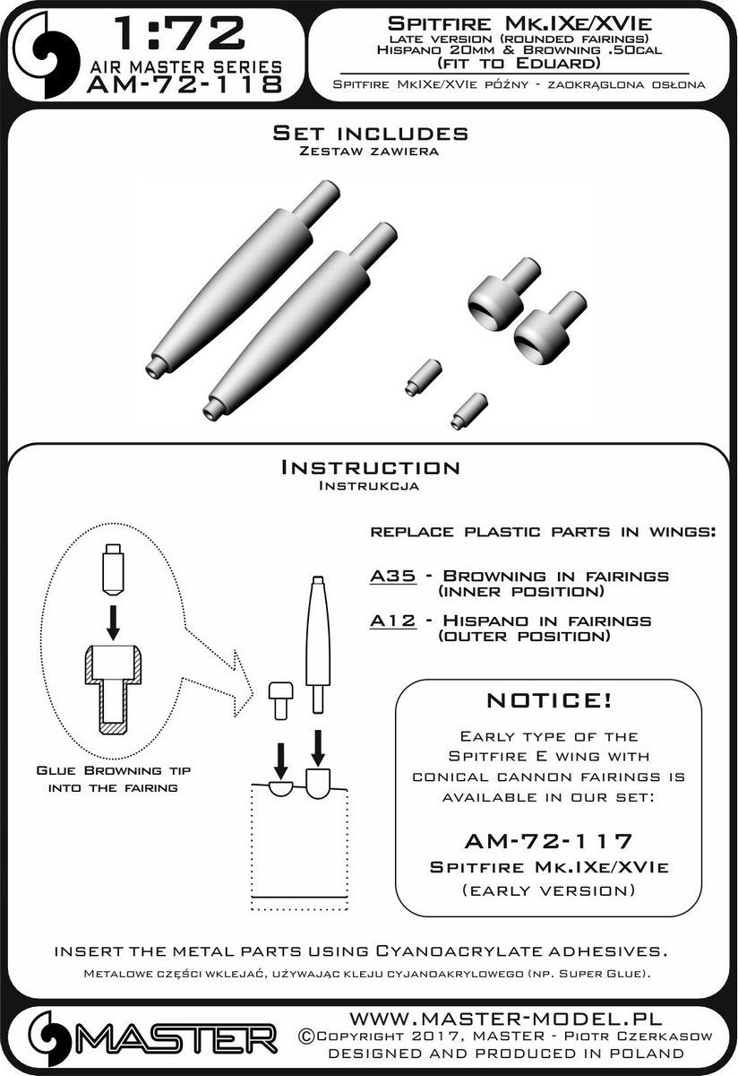 Master AM-72-118 Spitfire Mk.IXe/XVIe późna wersja (zaokrąglona osłona) - lufy działek Hispano 20mm oraz km Browning .50cal w osłonach (pasuje do modelu Eduarda) 1/72 – zdjęcie 3