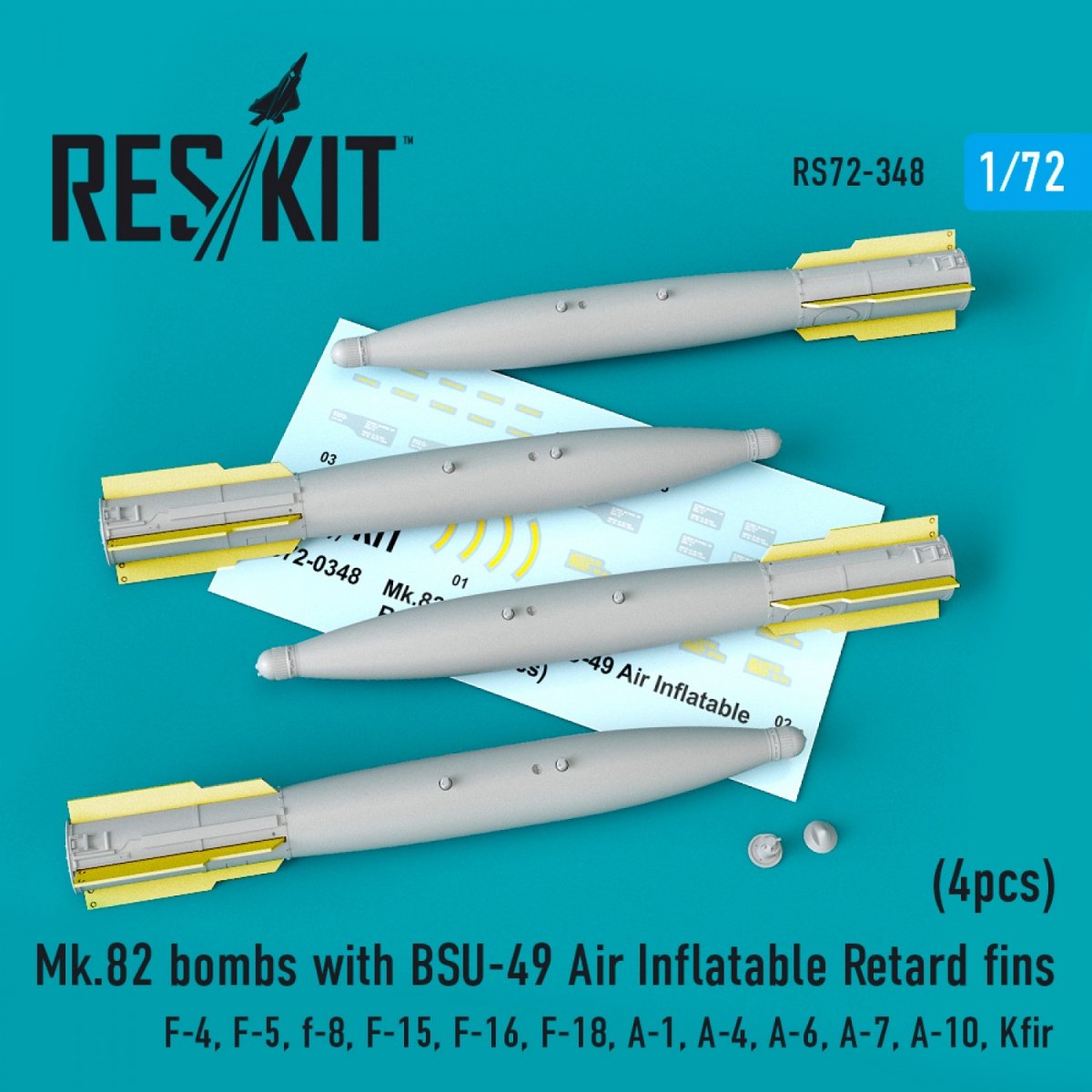 RESKIT RS72-0348 MK.82 BOMBS WITH BSU-49 AIR INFLATABLE RETARD FINS (4PCS) 1/72