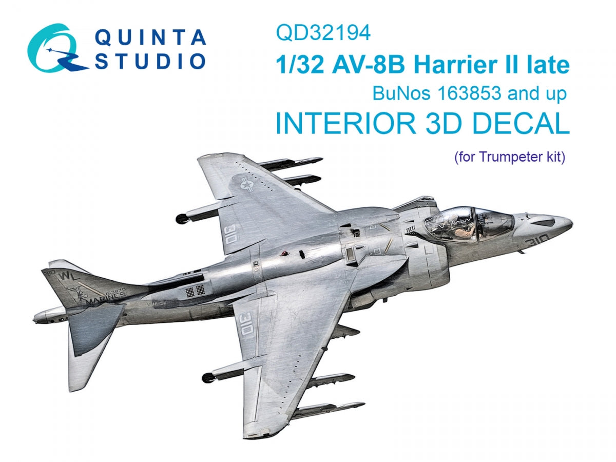 Quinta Studio QD32194 AV-8B Harrier II late 3D-Printed &amp;amp; coloured Interior on decal paper (Trumpeter) 1/32
