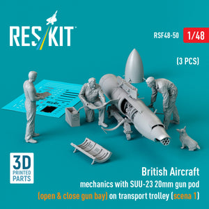 RESKIT RSF48-0050 British Aircraft mechanics with SUU-23 20mm gun pod (open &amp; close gun bay) on on transport trolley (scene 1) (3 pcs) (3D Printed) 1/48