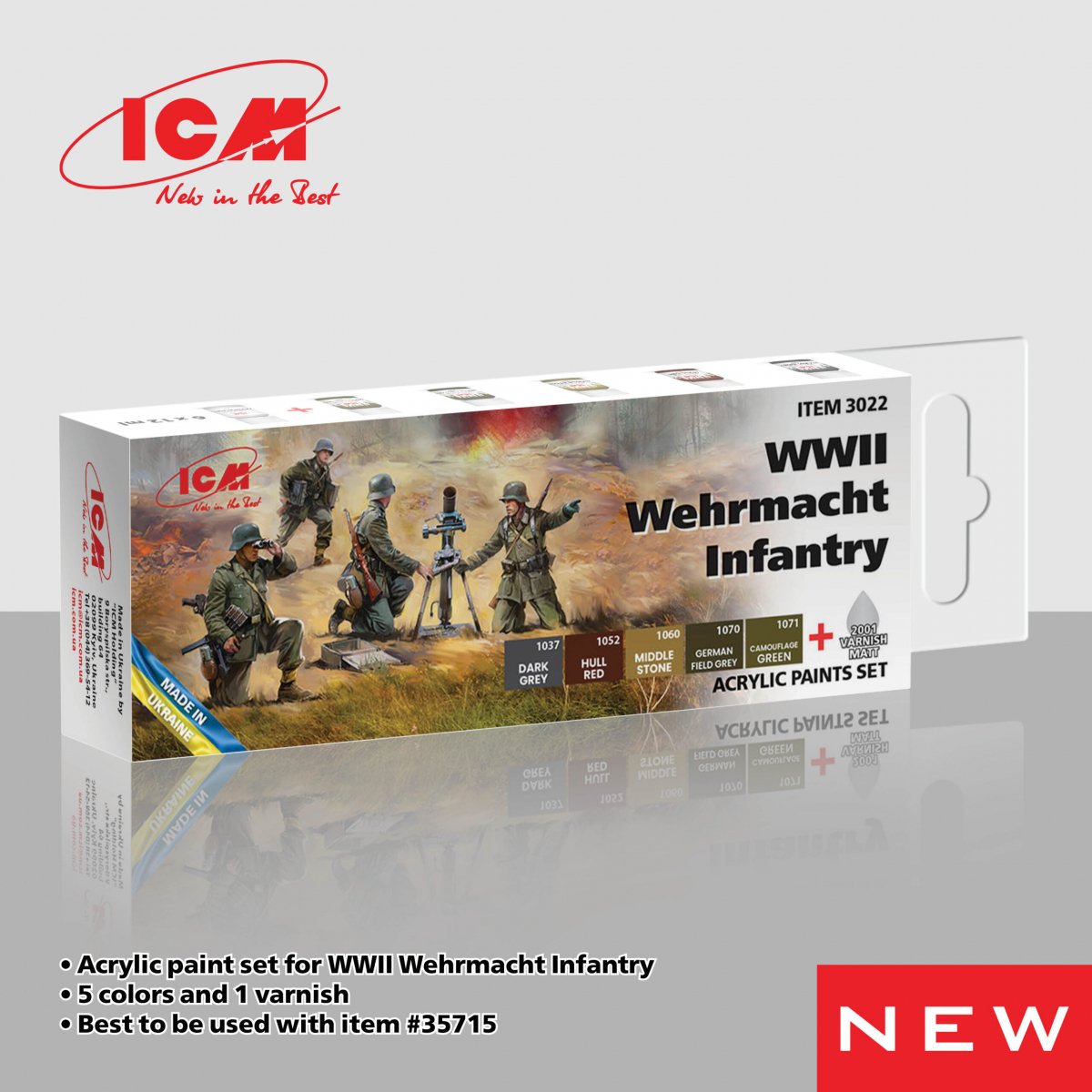 Coffret de peinture acrylique ICM 3022 pour l&amp;#39;infanterie de la Wehrmacht de la Seconde Guerre mondiale (5 x 12 ml) + vernis Maat