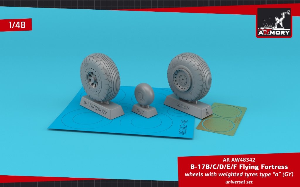 Armory Models AW48342 B-17B/C/D/E/F Flying Fortress wheels w/ weighted tyres type “a” (GY) &amp;amp; PE hubcaps 1/48