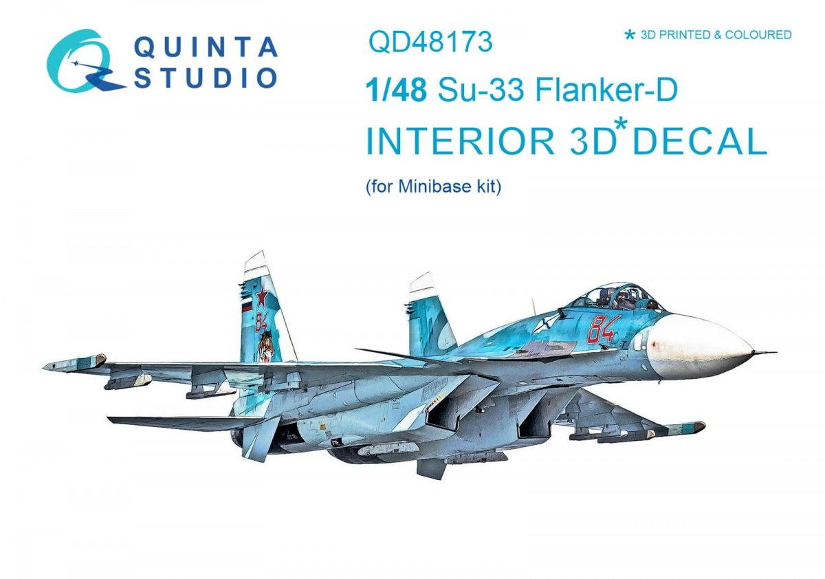 Quinta Studio QD48173 Su-33 3D-Printed &amp; colored Interior on decal paper (for Minibase kit) 1/48