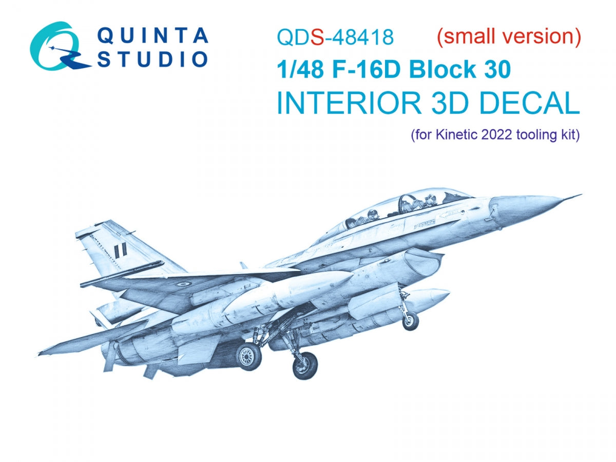 Quinta Studio QDS-48418 F-16D block 30 3D-Printed &amp;amp; colored Interior on decal paper (Kinetic 2022 tool) (Small version) 1/48