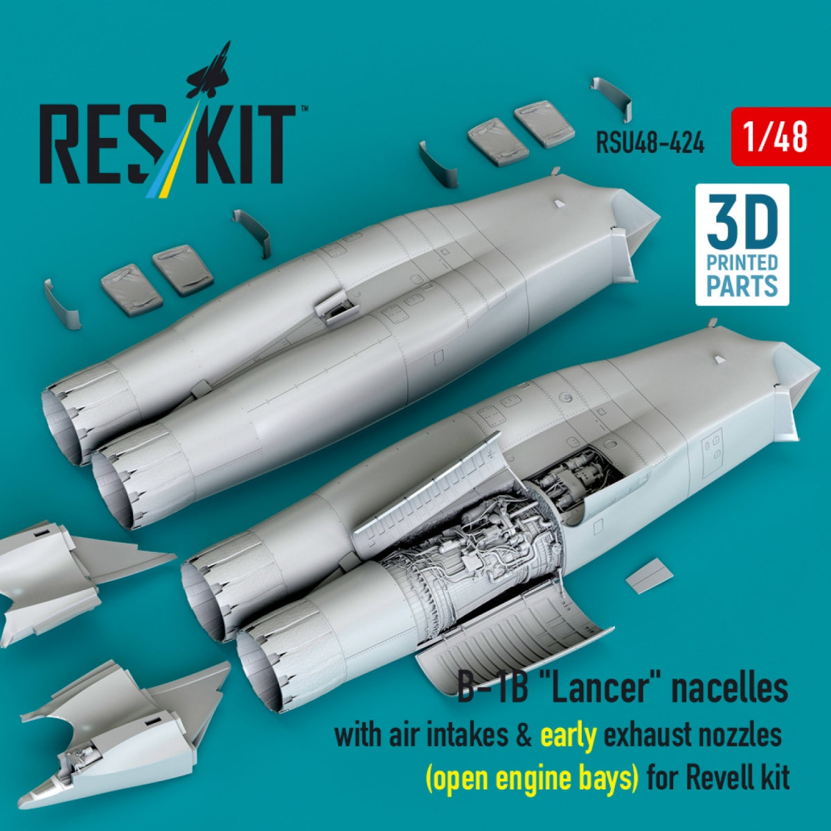RESKIT RSU48-0424 B-1B "Lancer" nacelles with air intakes &amp; early exhaust nozzles (open engine bay) for Revell kit (3D Printed) 1/48
