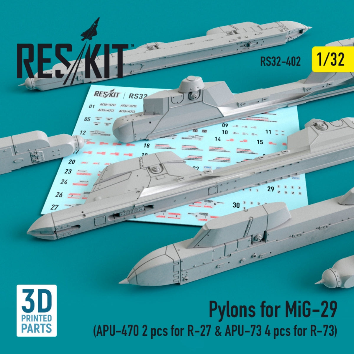 RESKIT RS32-0402 PYLONS FOR MIG-29 (APU-470 2 PCS FOR R-27 & APU-73 4 PCS FOR R-73) 1/32