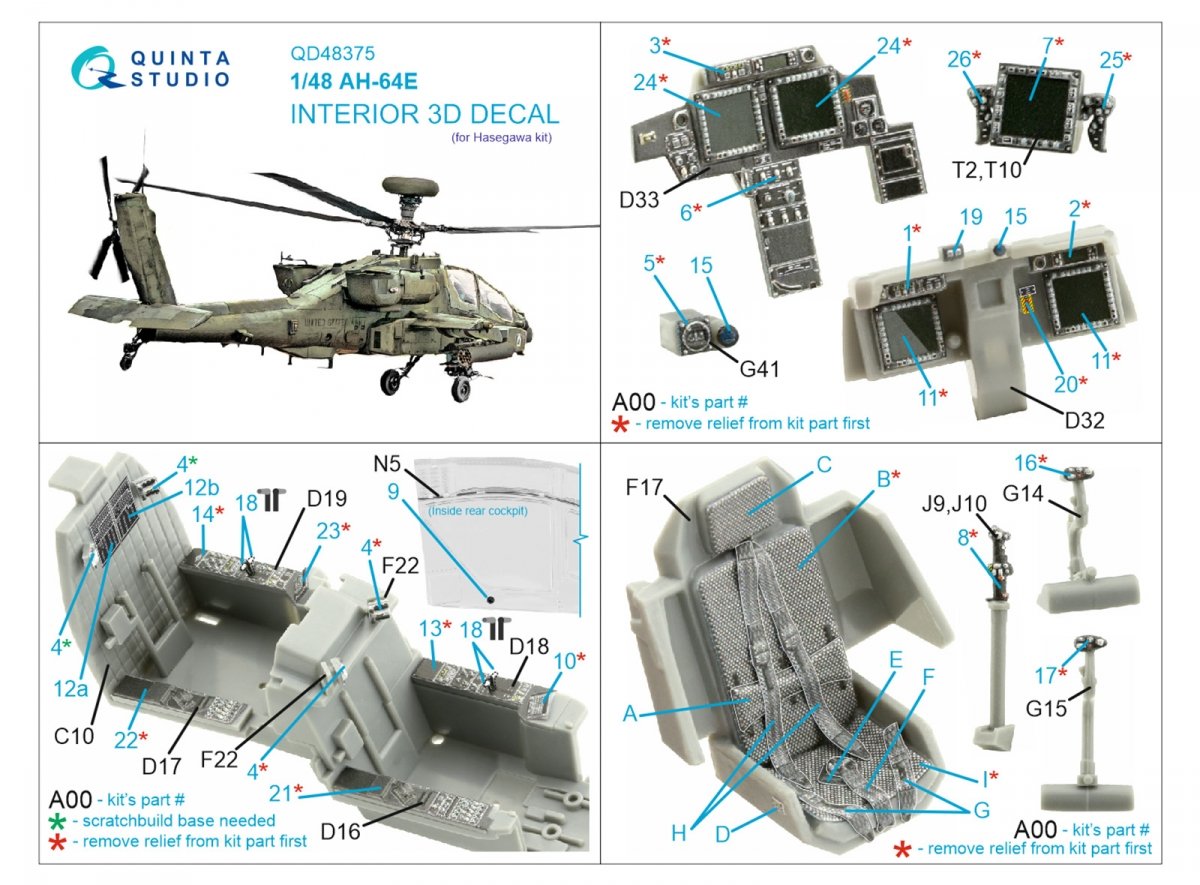 Quinta Studio QD48375 AH-64E 3D-Printed &amp;amp; colored Interior on decal paper (Hasegawa) 1/48 – image 2